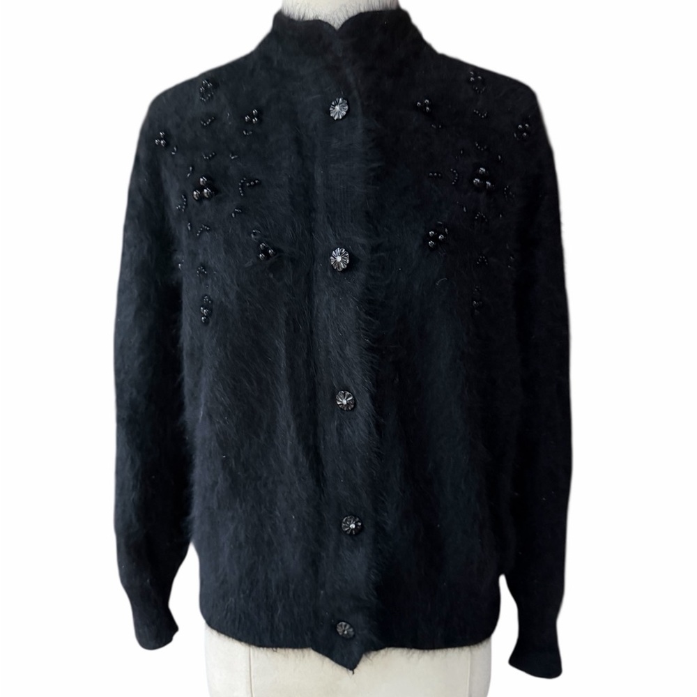 1970s Junhi Bae Angora Blend Mock-Neck Collar Hand Beaded Rhinestone Centered Bu
